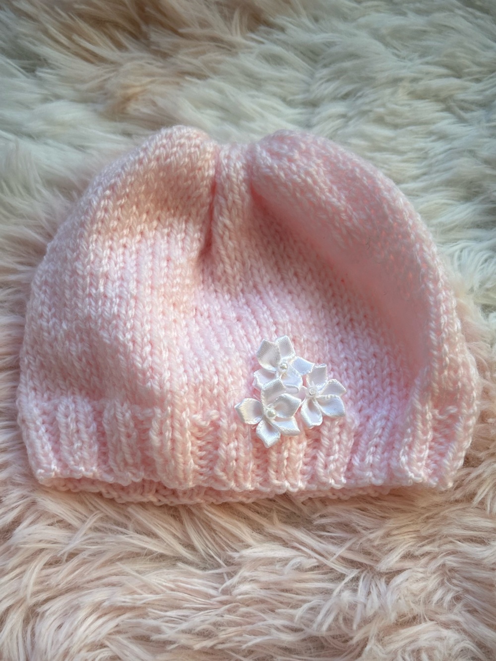 Soft Pink Knit Baby Hat for Newborn with Flower Accent